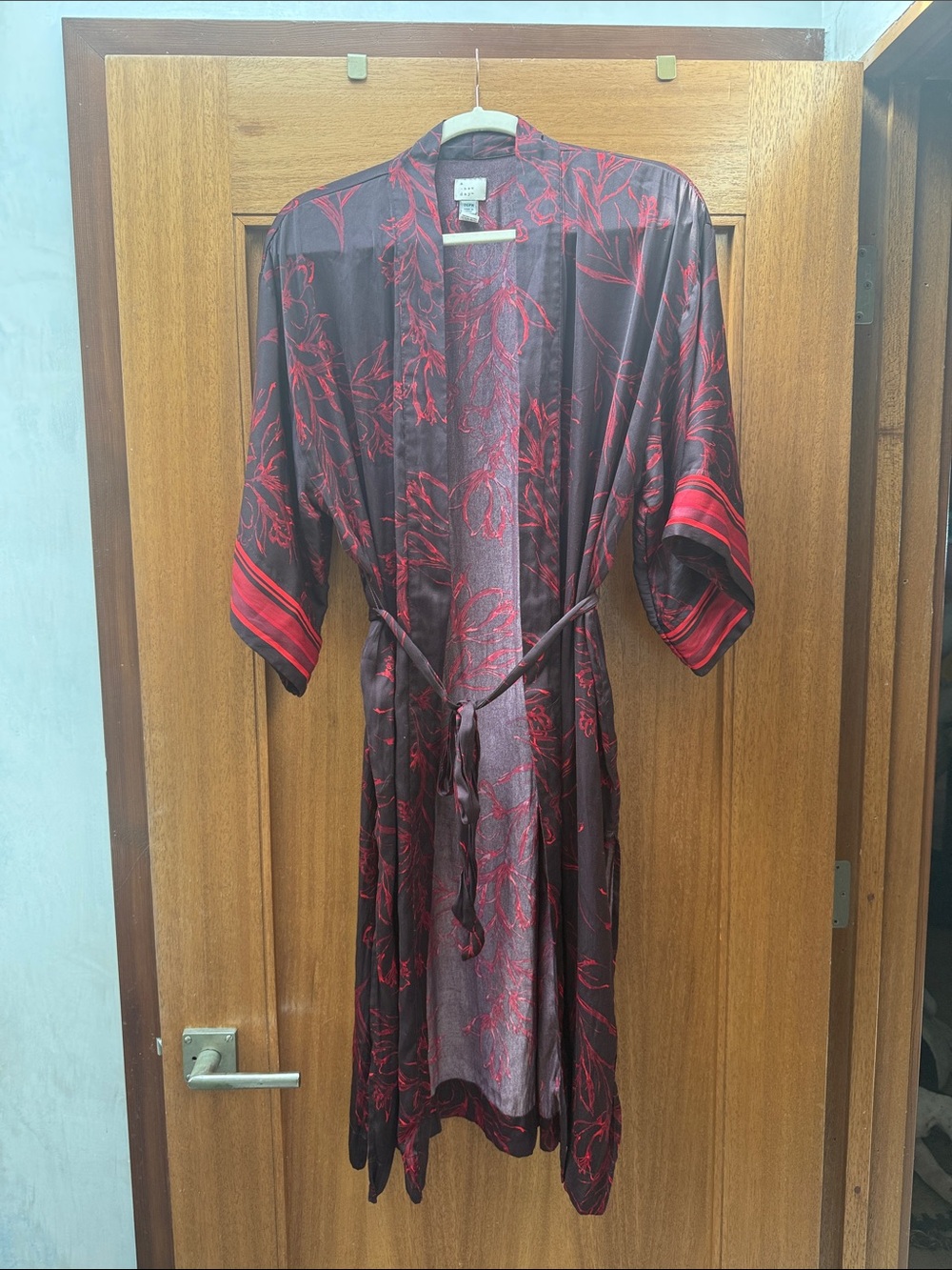 a new day Black Satin Floral Kimono Wrap with Red Accents